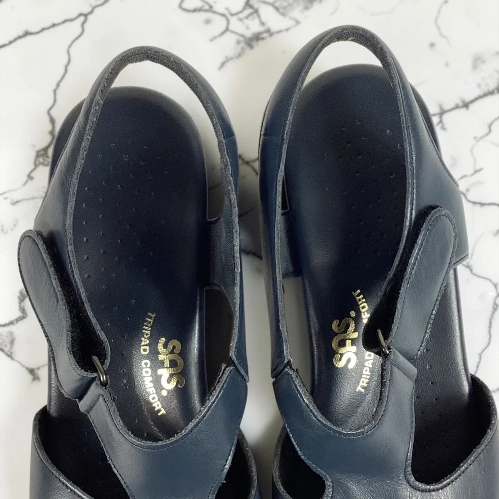 SAS Tripad Comfort Sandals Women's Navy Blue Leather Slingback Block Heel‎ 9.5 N